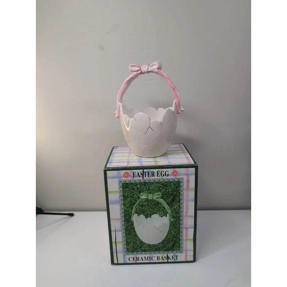 Ceramic Egg Basket, Easter, In Original Box & Packaging, Pink Bow Vintage